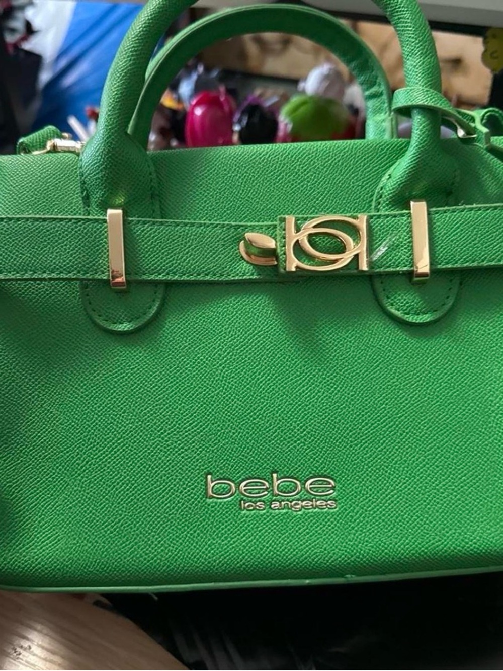 bebe Bright Green Structured Satchel with Gold Hardware